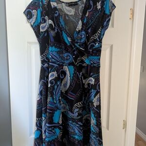 INC International Concepts Blue and Black Tiered Wrap Midi Dress